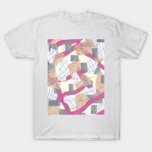 Waves and Ribbons - Pink, Silver, Peach, Rainbow - Abstract Mixed Torn Paper Collage T-Shirt